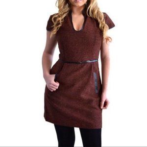 Kensie Tweed Dress Rust Brown Leather Trim sz M